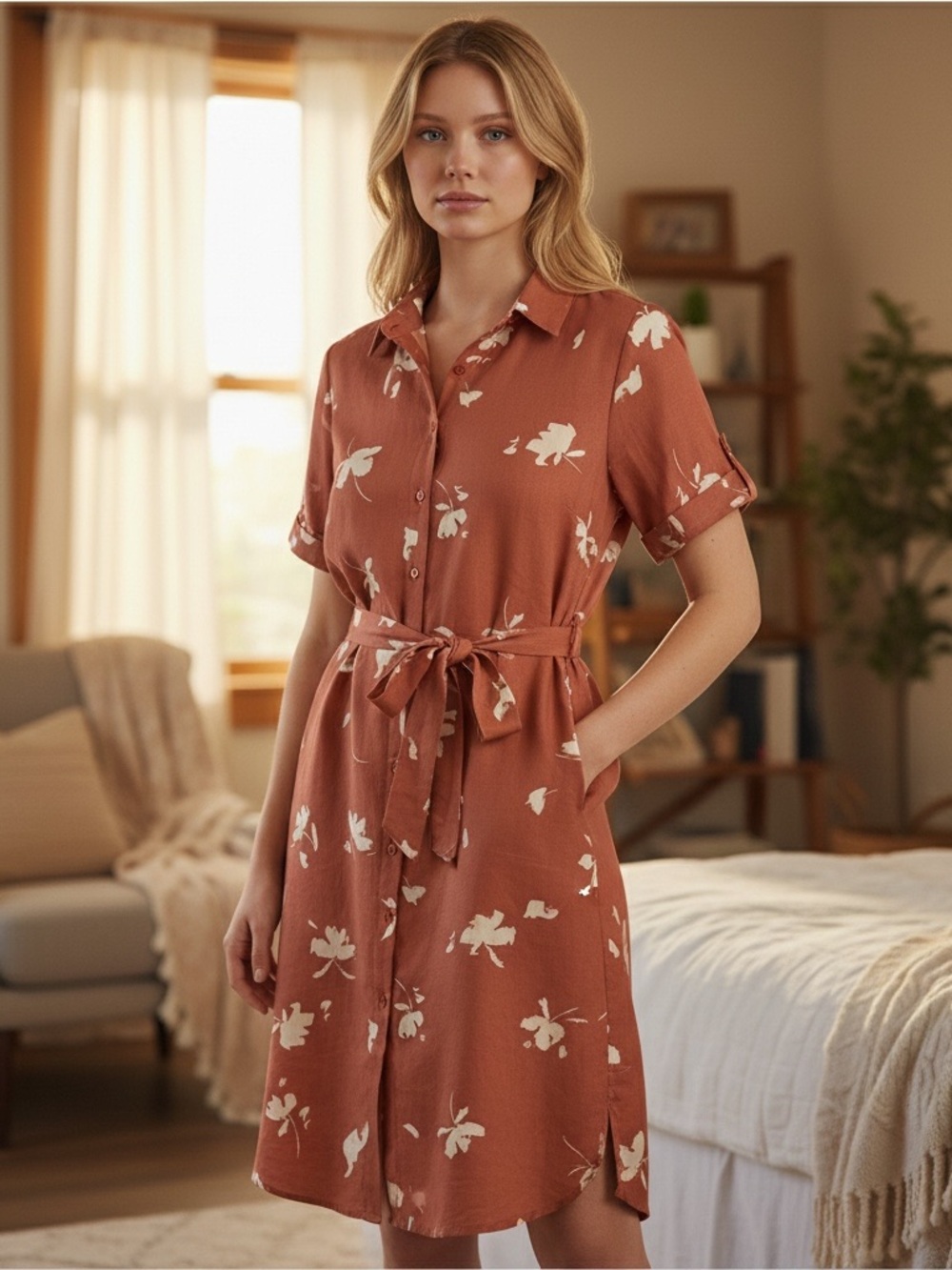 Ava & Viv Rust Floral Button-Front Midi Dress 1X